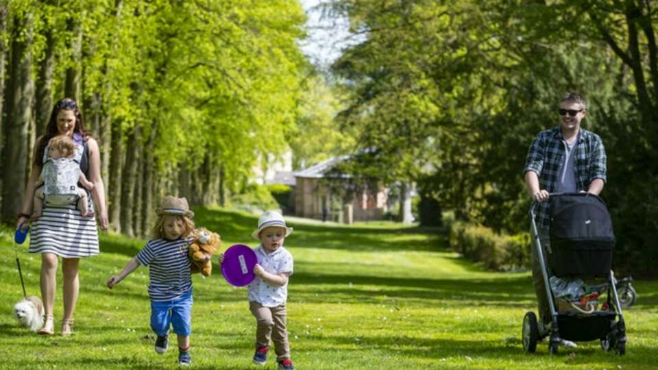 Family in a park with two adults—one carrying a baby and walking a small white dog, the other pushing a stroller—while two children run on the grass holding a frisbee and a stuffed animal, with trees and distant buildings in the background.